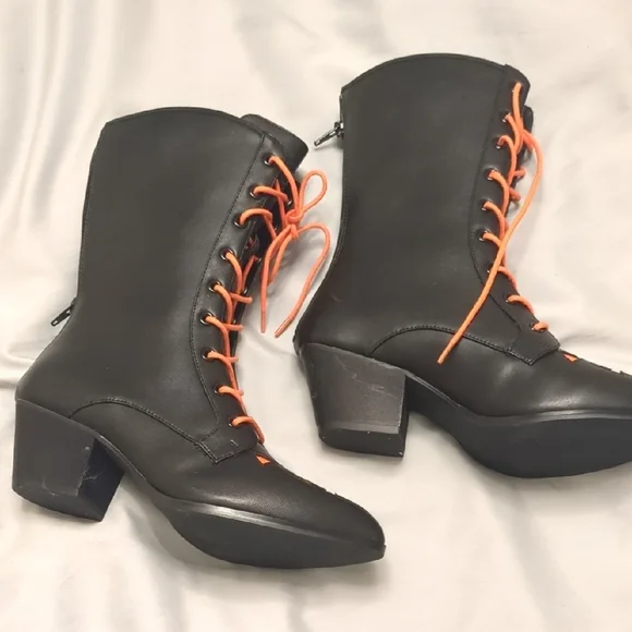 Halloween Black and Orange Scary Jack O' Lantern Lace-Up Boots - Picture 4 of 10